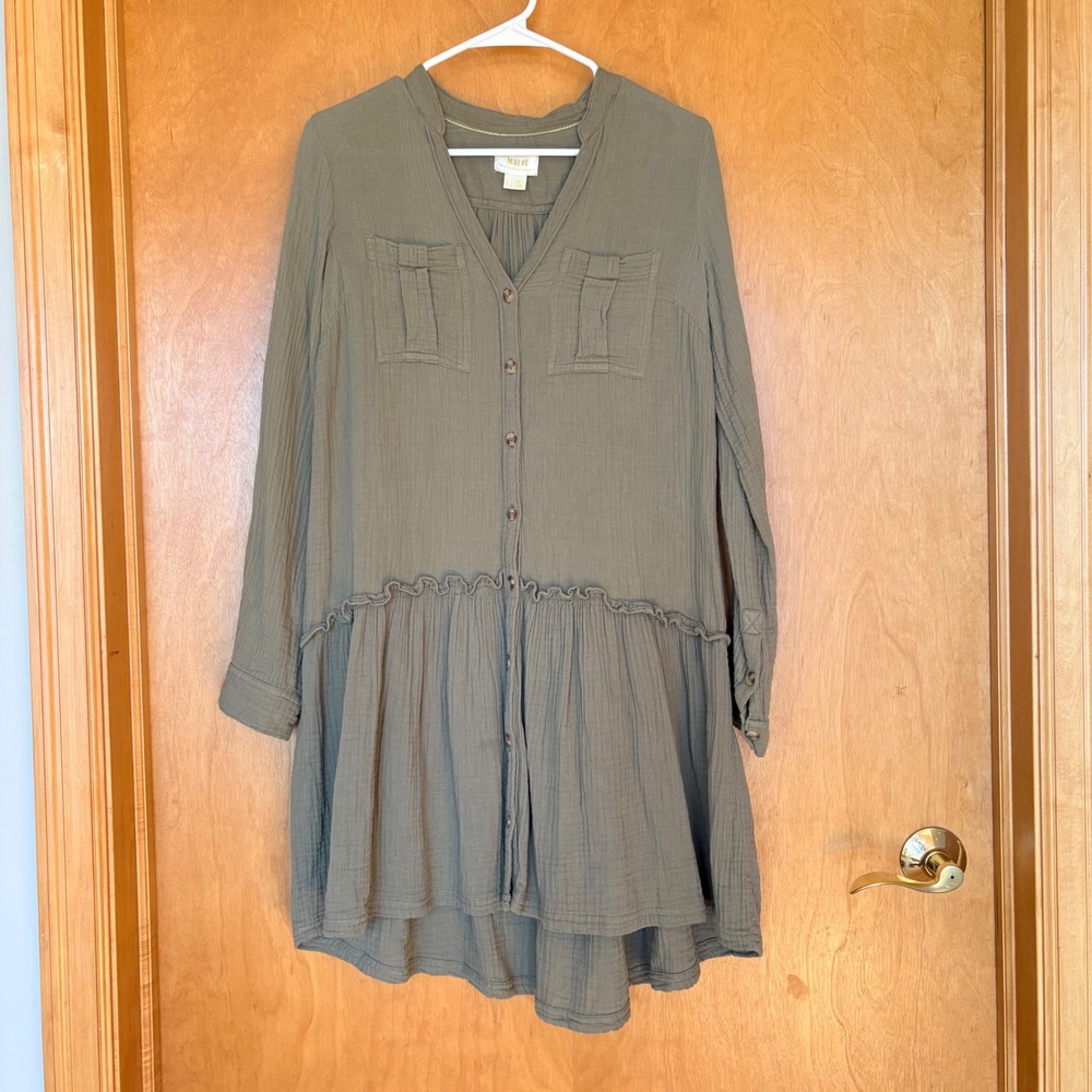 Maeve by Anthropologie Olive Green Gauze Ruffle Tunic Dress Shirt Size 2‎